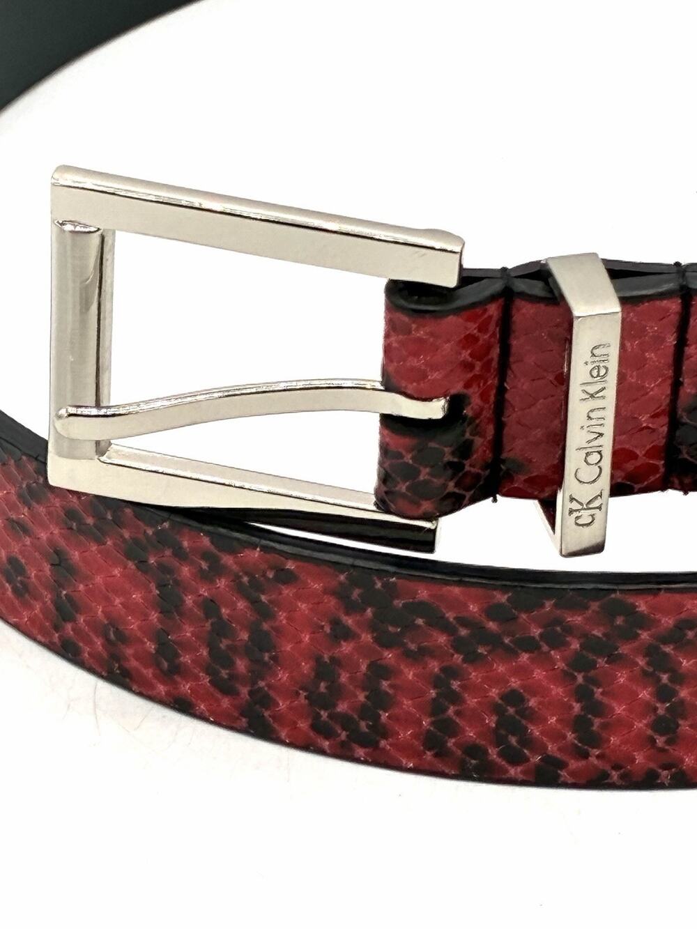Calvin Klein Red Black Python Embossed Leather Belt Silver Buckle 32-36 Size XL